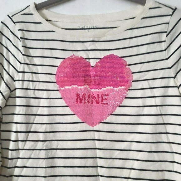Talbots Stripe Be Mine Sequin Heart Tee 3/4 Sleeve Size XS Ivory Black Pink NWT - Picture 6 of 10